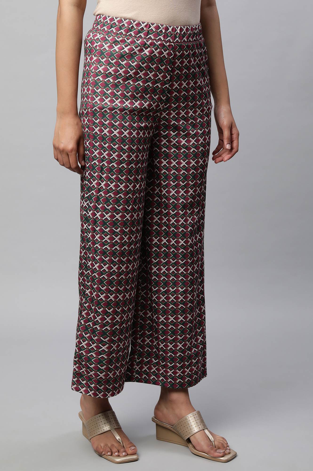 Maroon Geometric Printed Wide-leg Knit Palazzo with Elasticated Waist