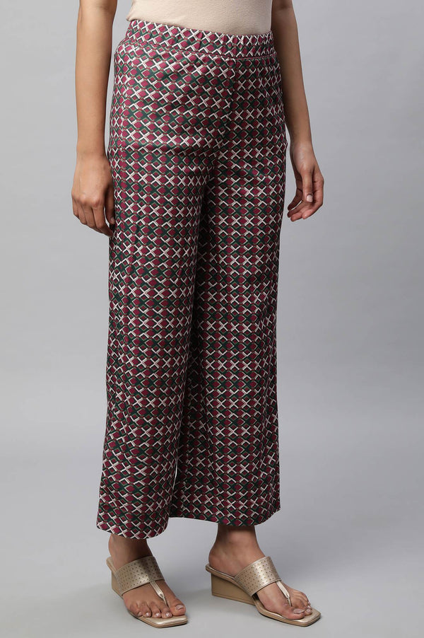 Maroon Geometric Printed Wide-leg Knit Palazzo with Elasticated Waist