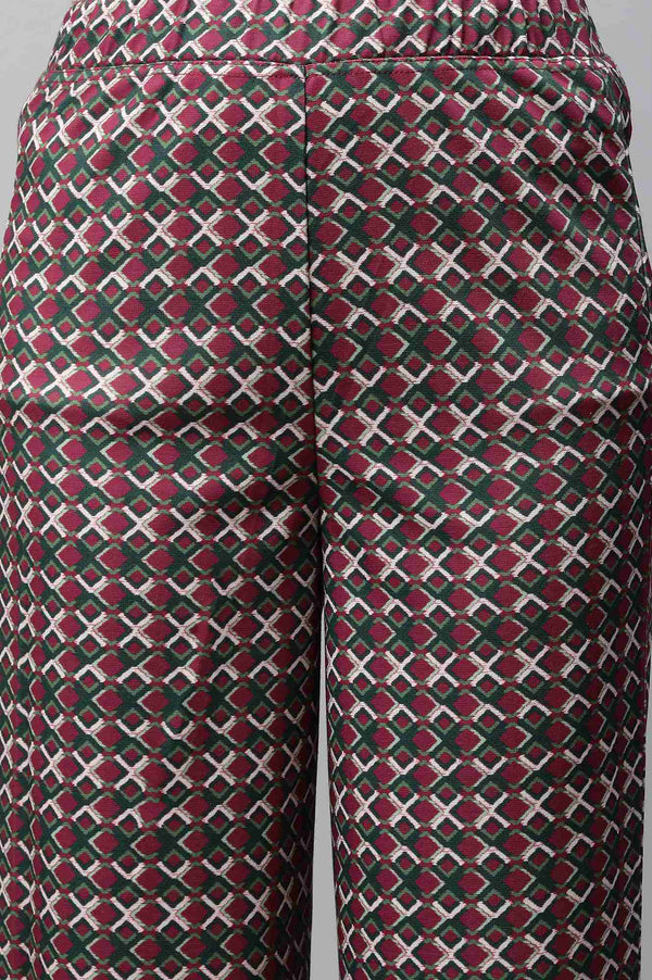 Maroon Geometric Printed Wide-leg Knit Palazzo with Elasticated Waist