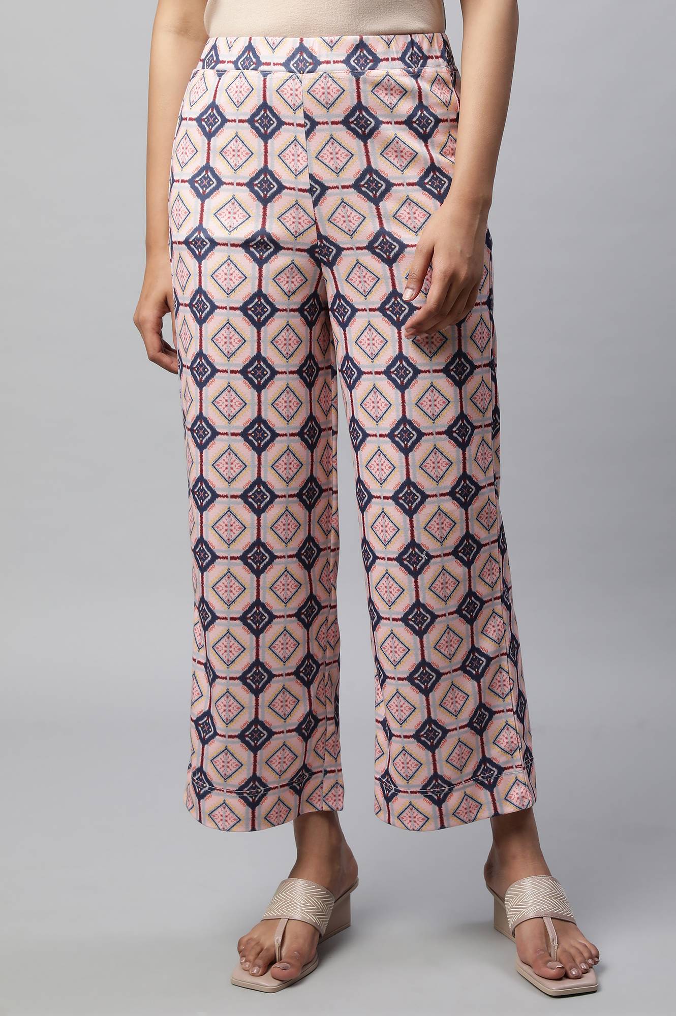 Pink Geometric Printed Straight Fit Palazzo With Elasticated Waist