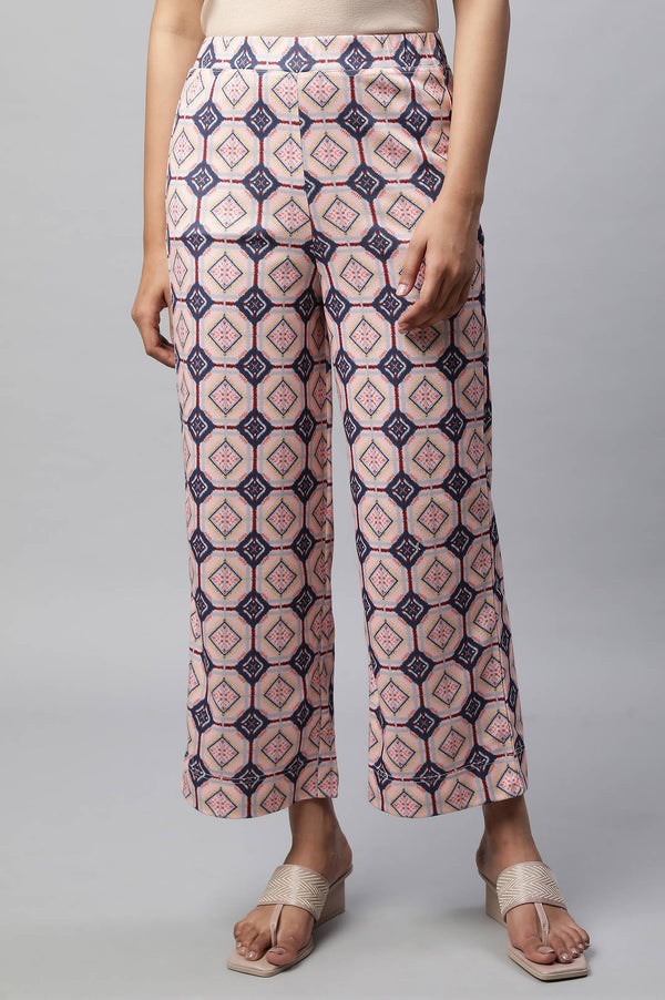 Pink Geometric Printed Straight Fit Palazzo With Elasticated Waist