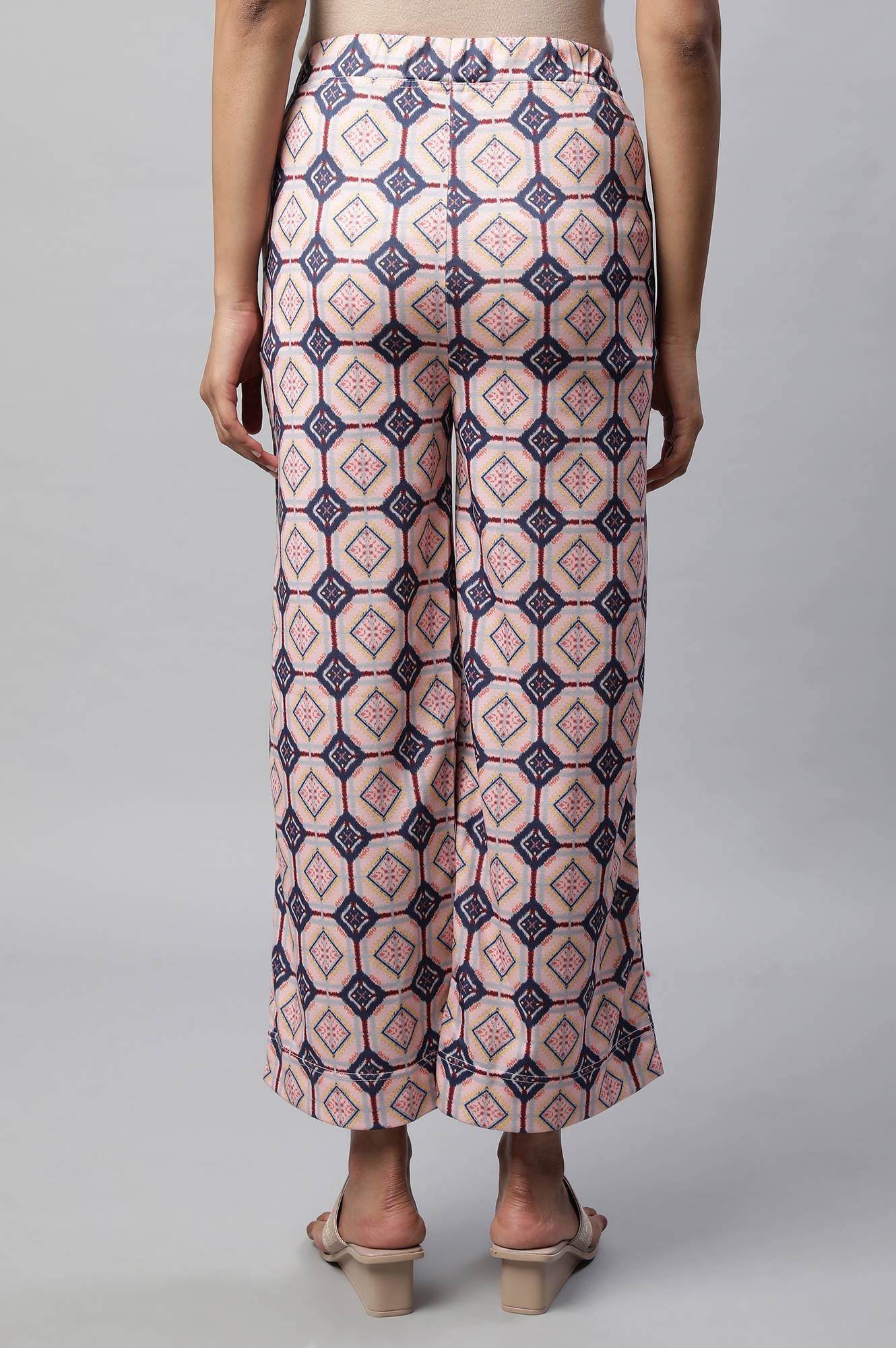 Pink Geometric Printed Straight Fit Palazzo With Elasticated Waist