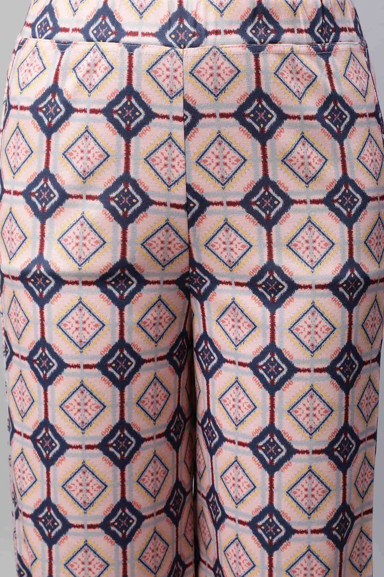 Pink Geometric Printed Straight Fit Palazzo With Elasticated Waist