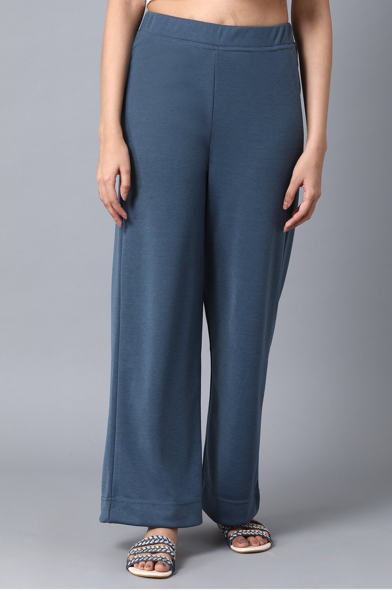 Blue Solid Wide-leg Knit Palazzo with Elasticated Waist