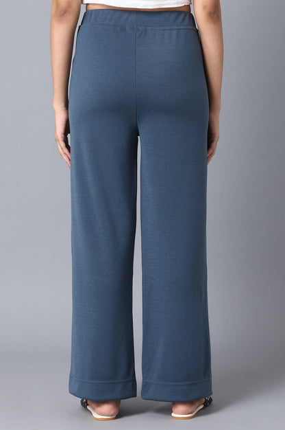 Blue Solid Wide-leg Knit Palazzo with Elasticated Waist