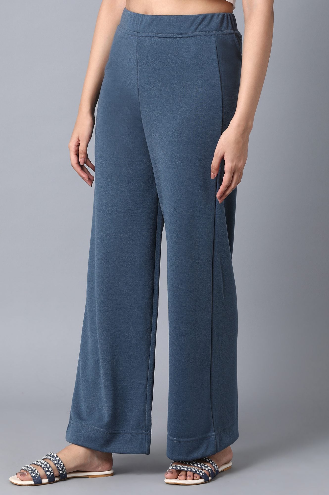Blue Solid Wide-leg Knit Palazzo with Elasticated Waist