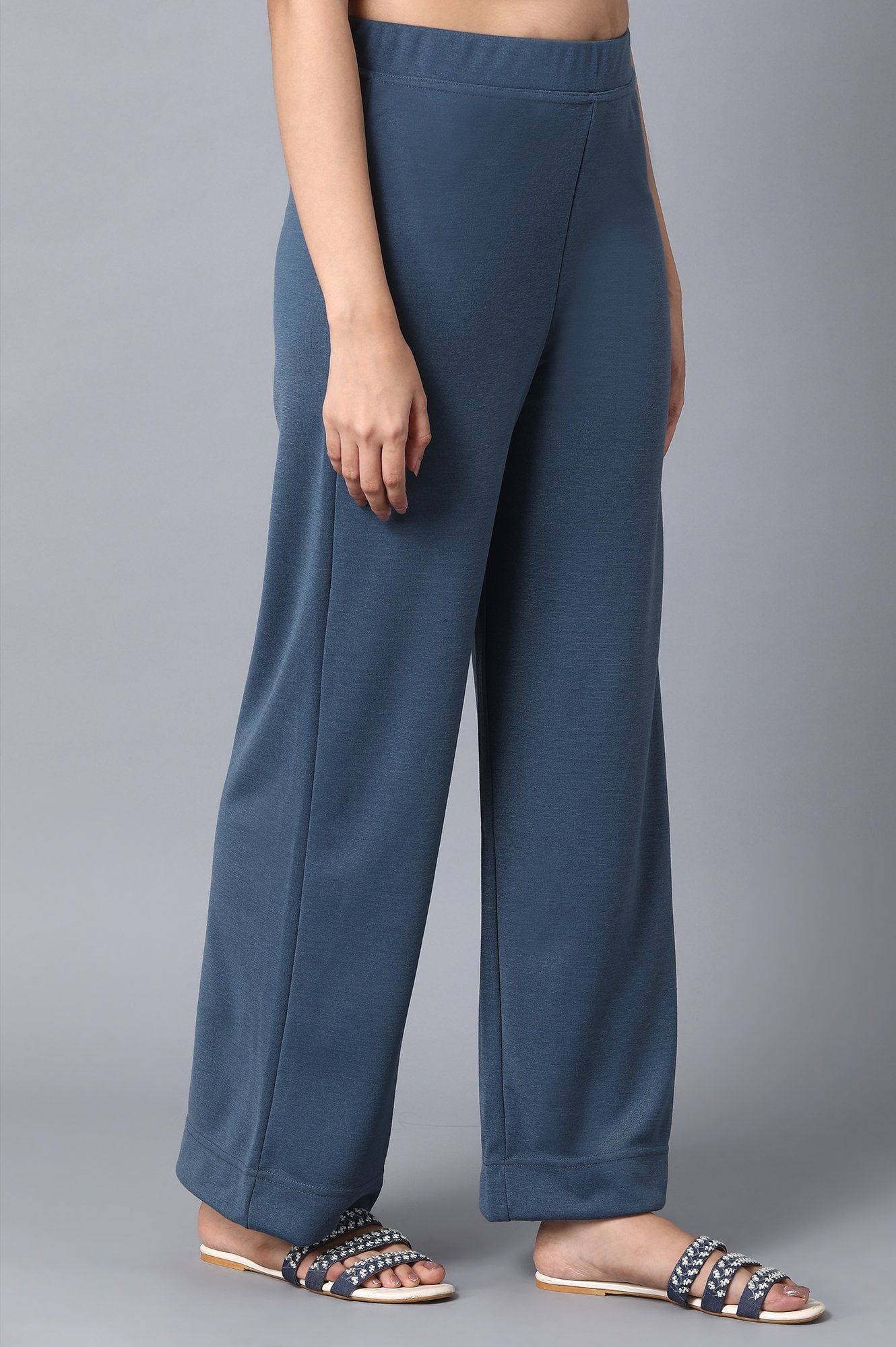 Blue Solid Wide-leg Knit Palazzo with Elasticated Waist
