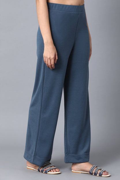 Blue Solid Wide-leg Knit Palazzo with Elasticated Waist