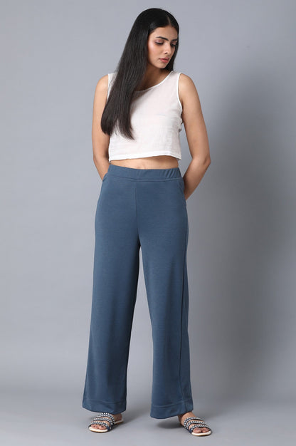 Blue Solid Wide-leg Knit Palazzo with Elasticated Waist