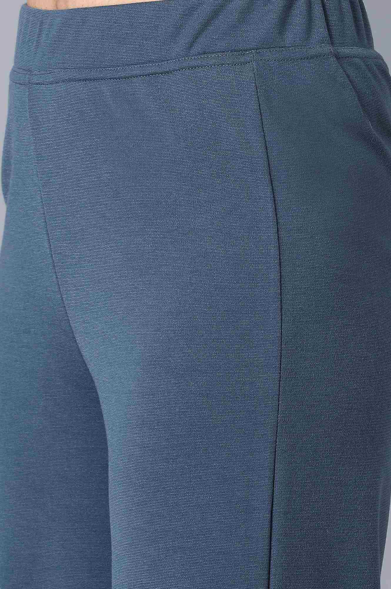 Blue Solid Wide-leg Knit Palazzo with Elasticated Waist