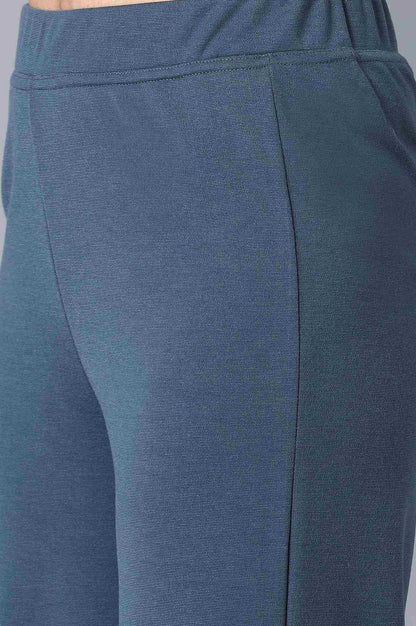 Blue Solid Wide-leg Knit Palazzo with Elasticated Waist