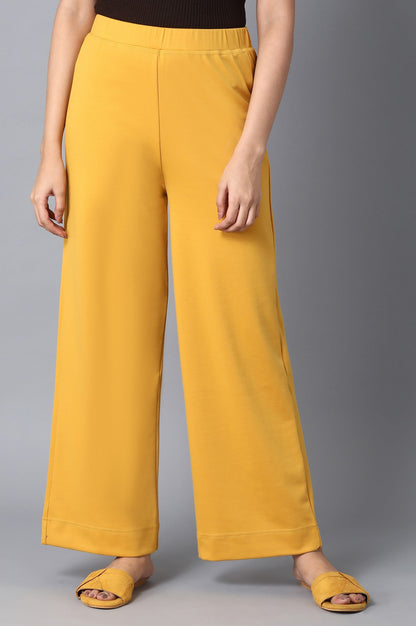 Mustard Solid Straight-fit Knit Palazzo with Elasticated Waistband