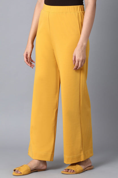 Mustard Solid Straight-fit Knit Palazzo with Elasticated Waistband