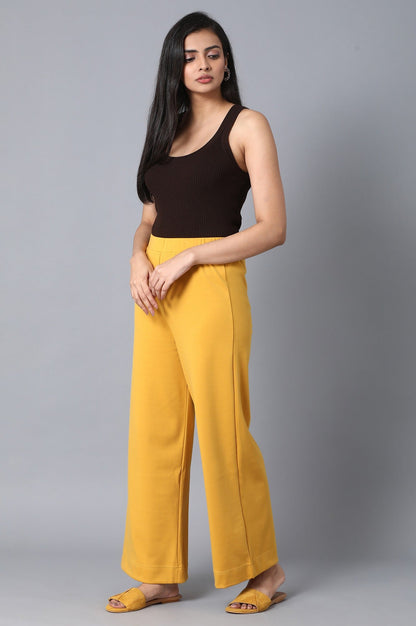Mustard Solid Straight-fit Knit Palazzo with Elasticated Waistband