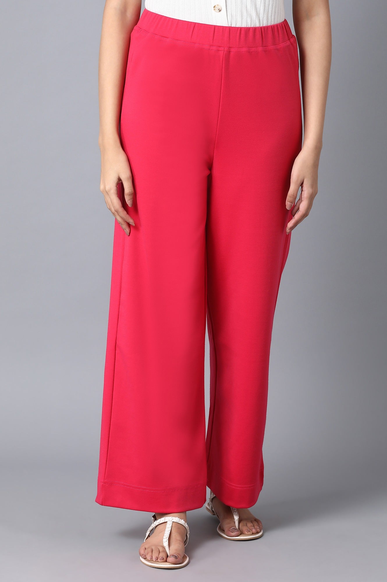 Pink Solid Wide-leg Knit Palazzo with Elasticated Waist