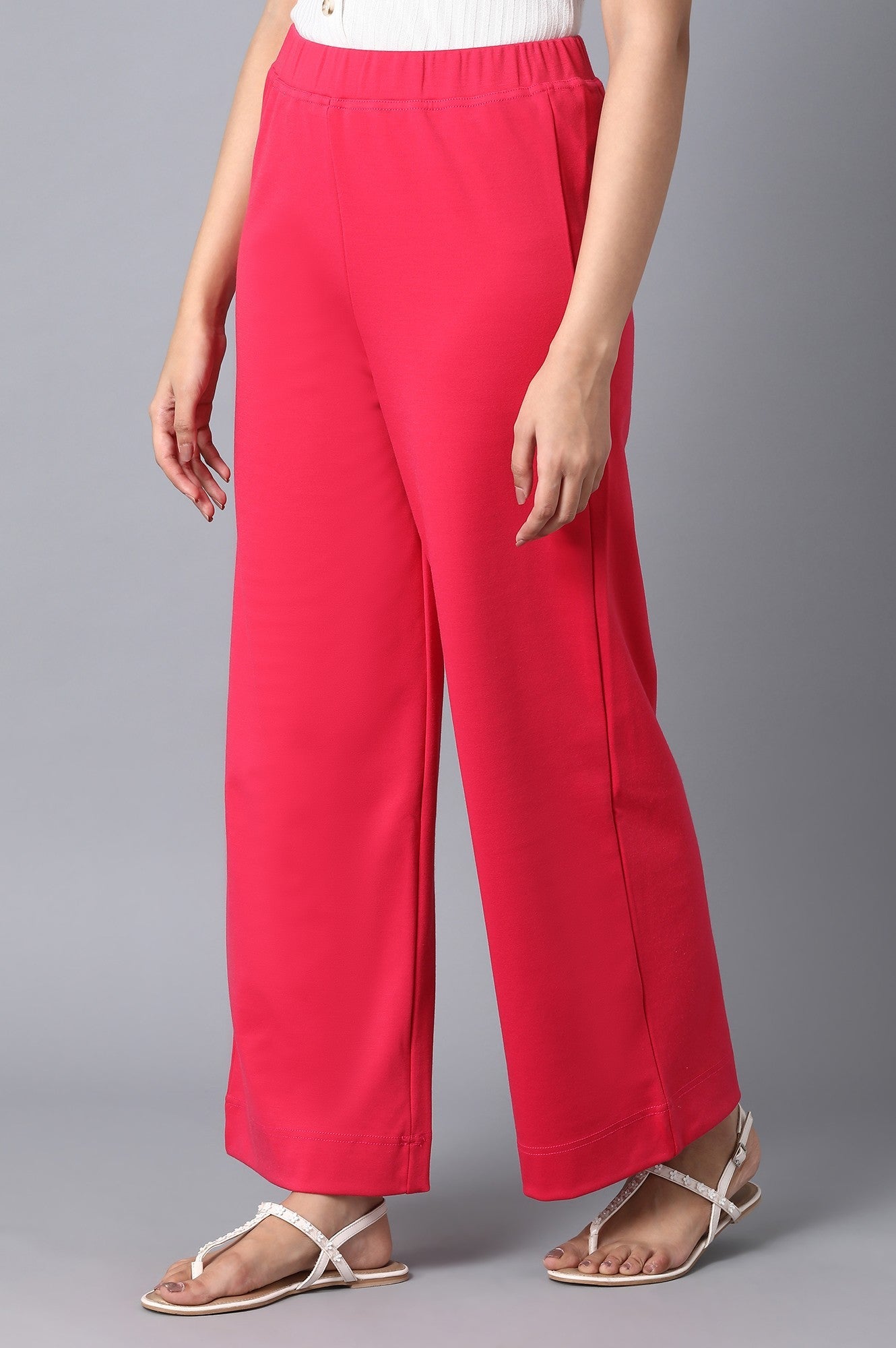 Pink Solid Wide-leg Knit Palazzo with Elasticated Waist