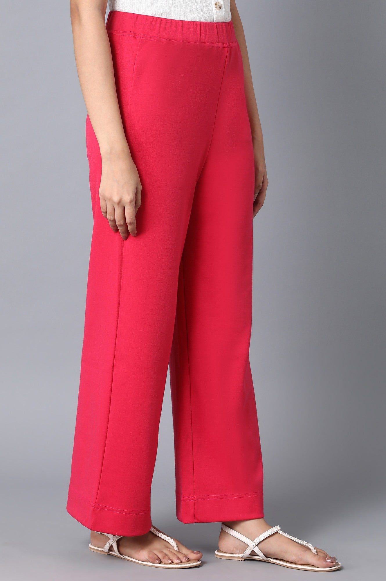 Pink Solid Wide-leg Knit Palazzo with Elasticated Waist