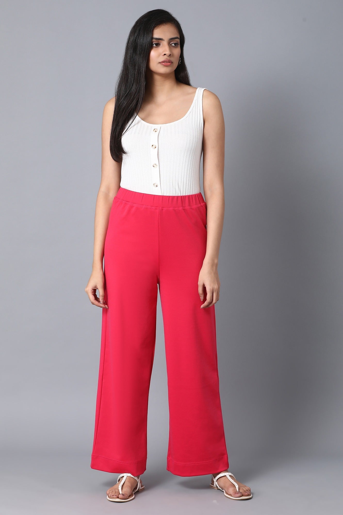 Pink Solid Wide-leg Knit Palazzo with Elasticated Waist