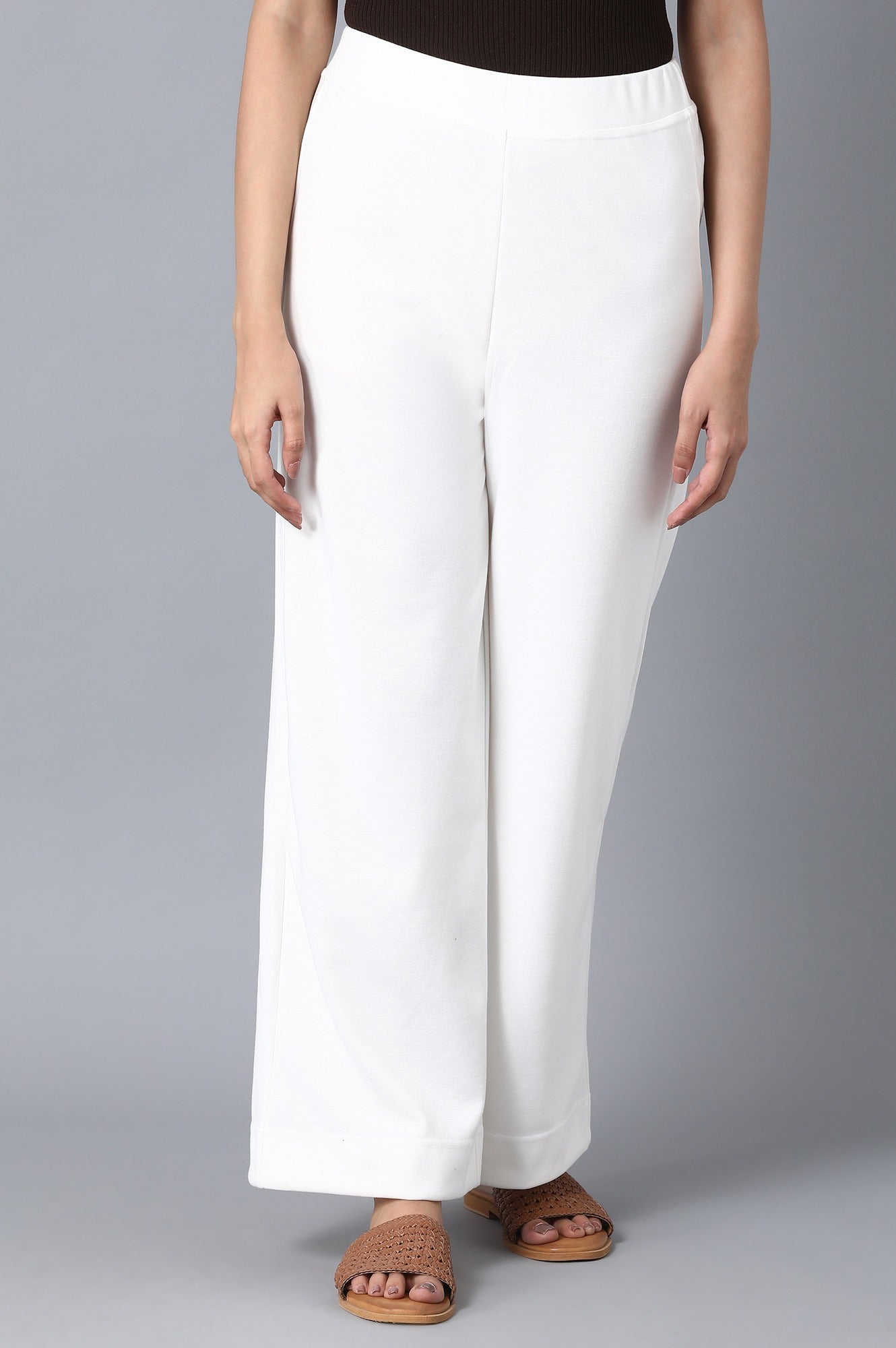 White Solid Wide-leg Knit Palazzo with Elasticated Waistband