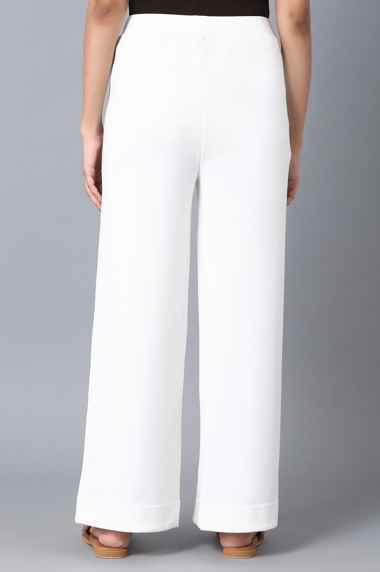 White Solid Wide-leg Knit Palazzo with Elasticated Waistband