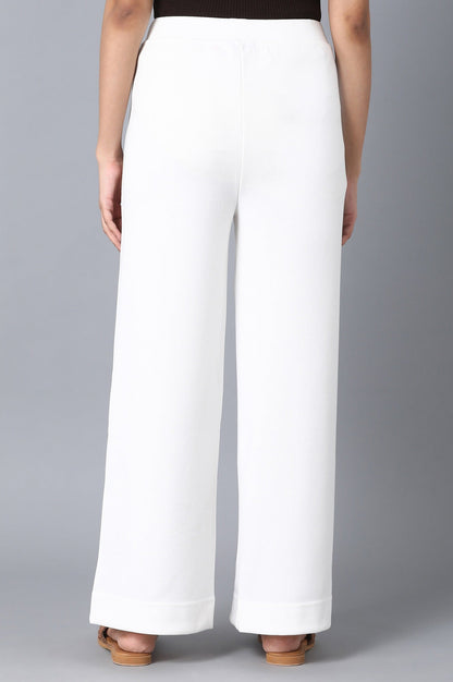 White Solid Wide-leg Knit Palazzo with Elasticated Waistband