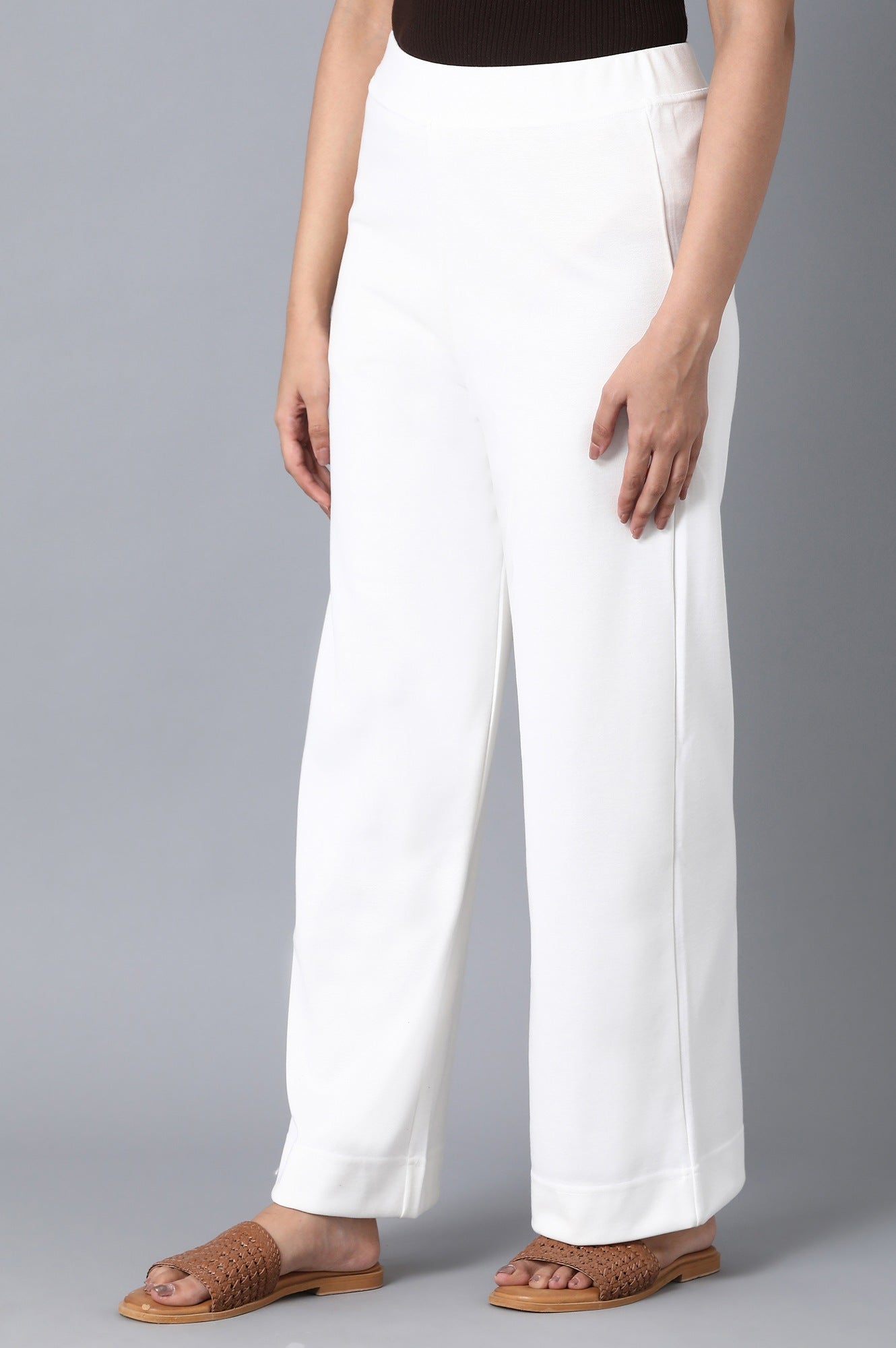 White Solid Wide-leg Knit Palazzo with Elasticated Waistband