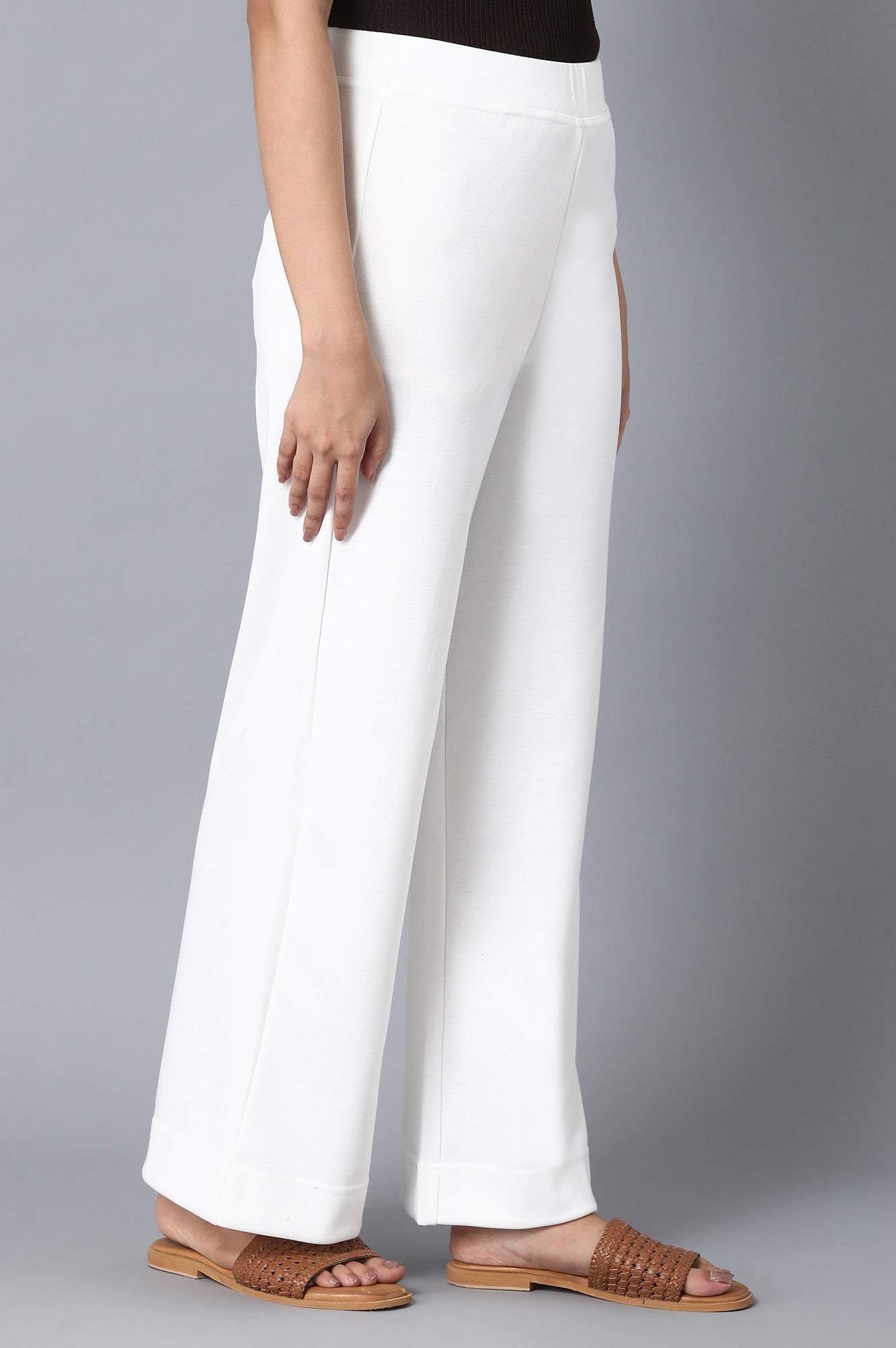 White Solid Wide-leg Knit Palazzo with Elasticated Waistband