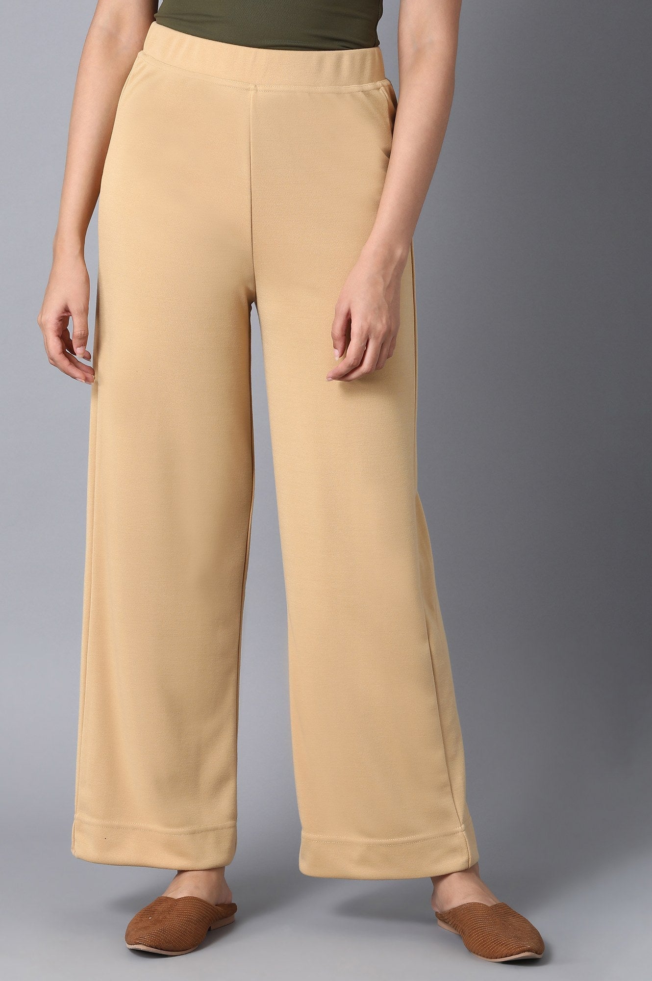 Gold Solid Straight Fit Palazzo With Elasticated Waist