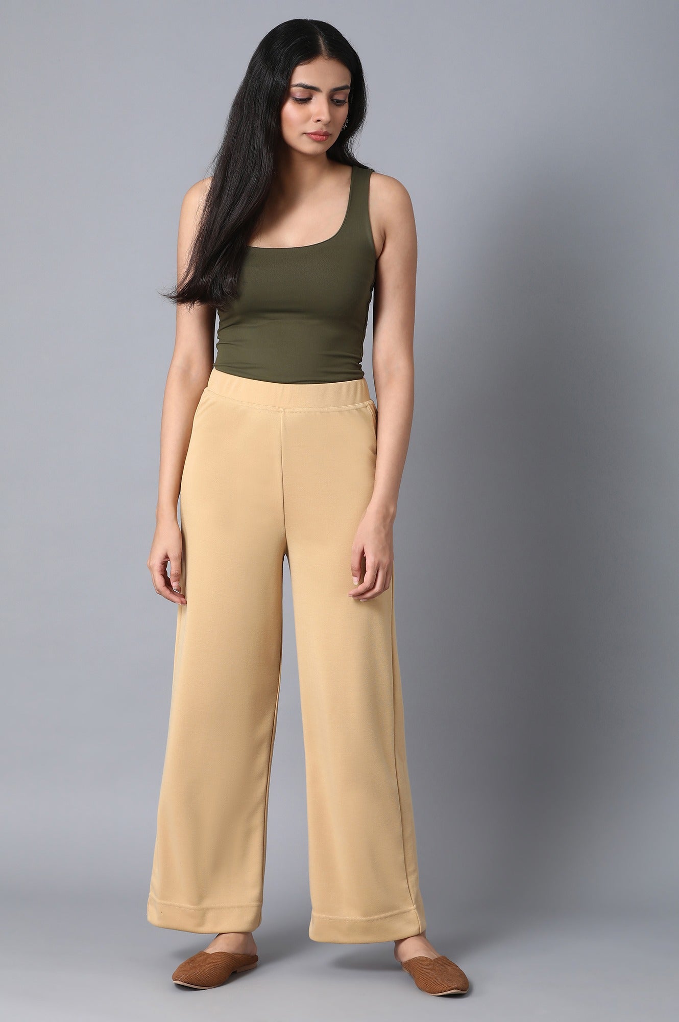 Gold Solid Straight Fit Palazzo With Elasticated Waist
