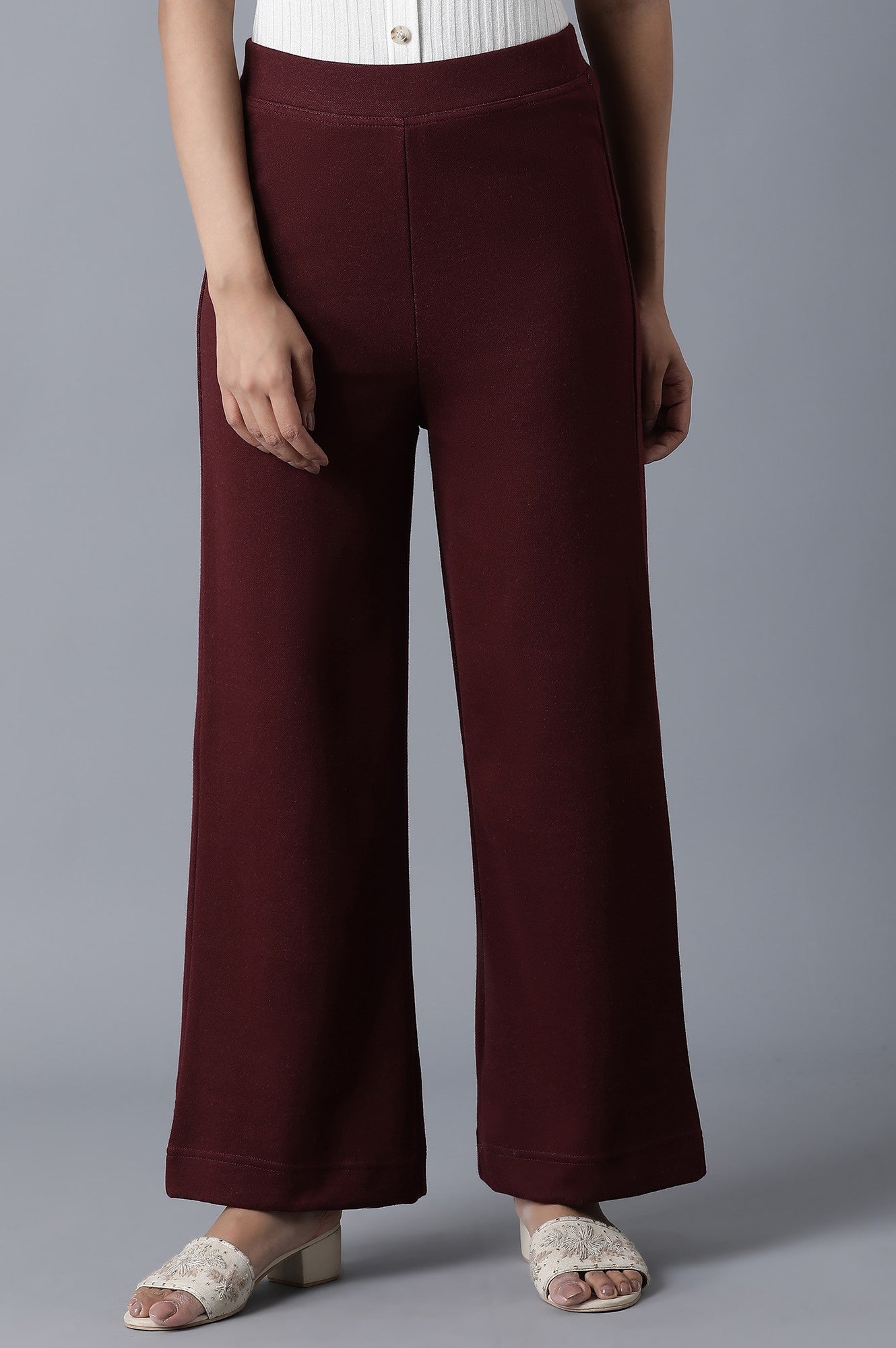 Maroon Solid Straight Fit Palazzo With Elasticated Waistband