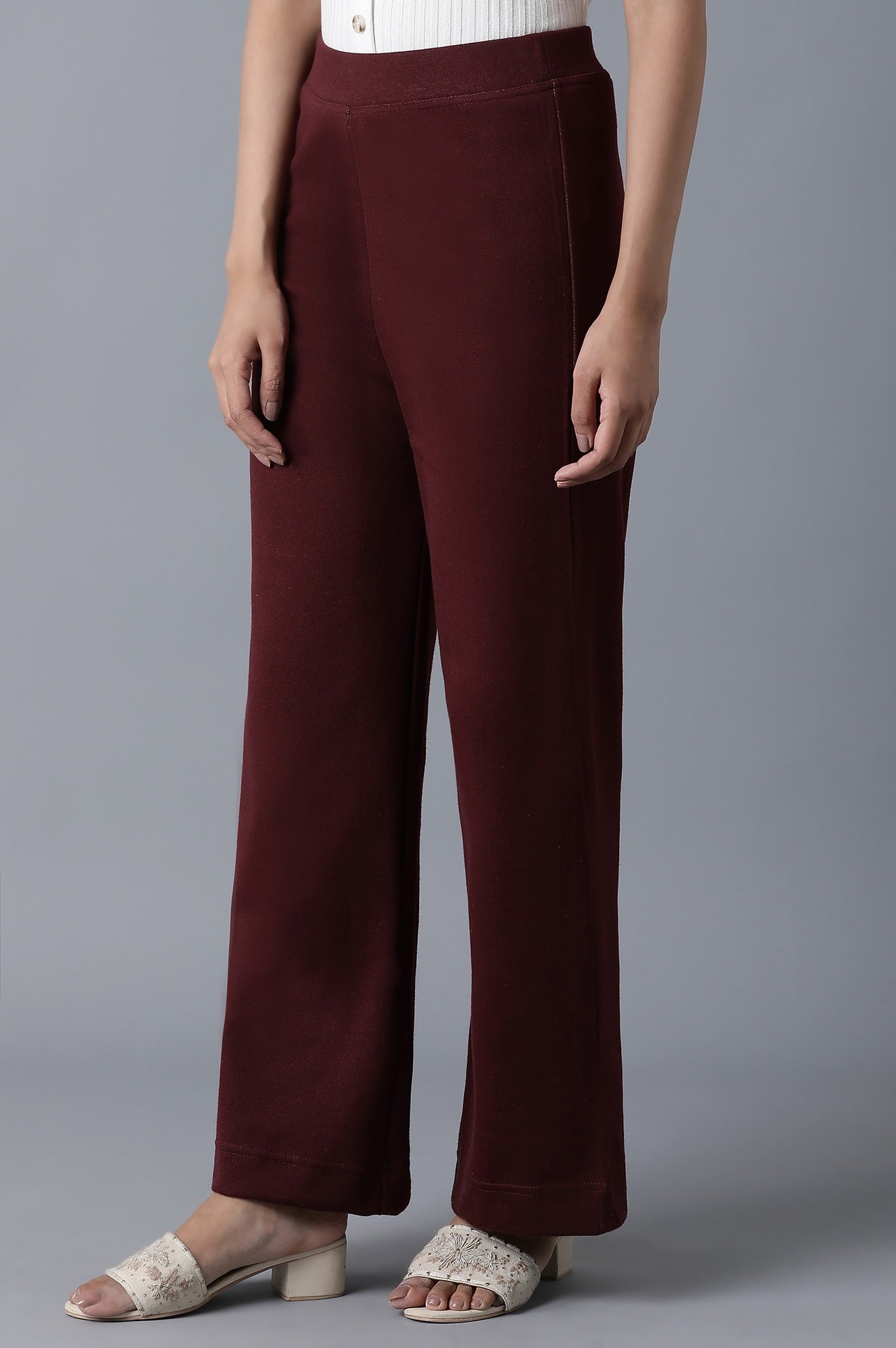 Maroon Solid Straight Fit Palazzo With Elasticated Waistband