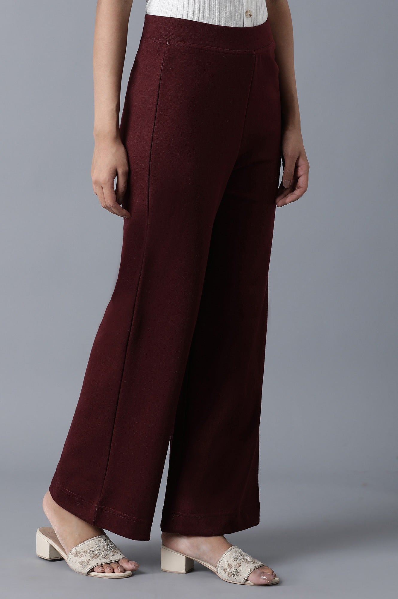 Maroon Solid Straight Fit Palazzo With Elasticated Waistband