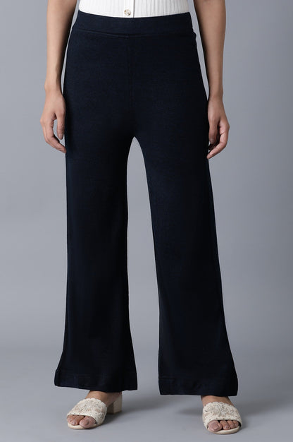 Navy Blue Solid Straight Fit Palazzo With Elasticated Waist