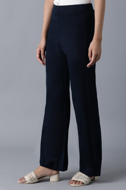Navy Blue Solid Straight Fit Palazzo With Elasticated Waist