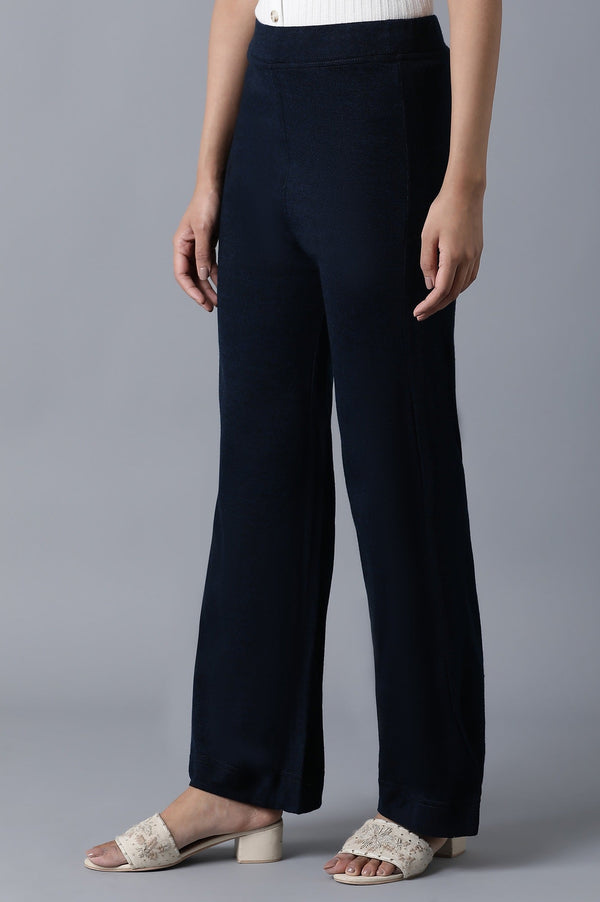 Elleven Women's Navy Blue Solid Straight Fit Palazzo With Elasticated Waist