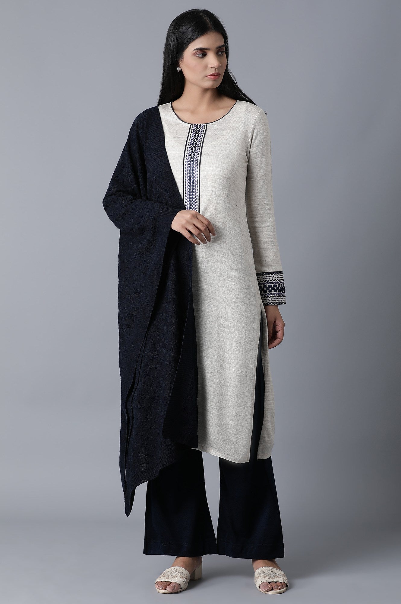 Navy Blue Solid Straight Fit Palazzo With Elasticated Waist