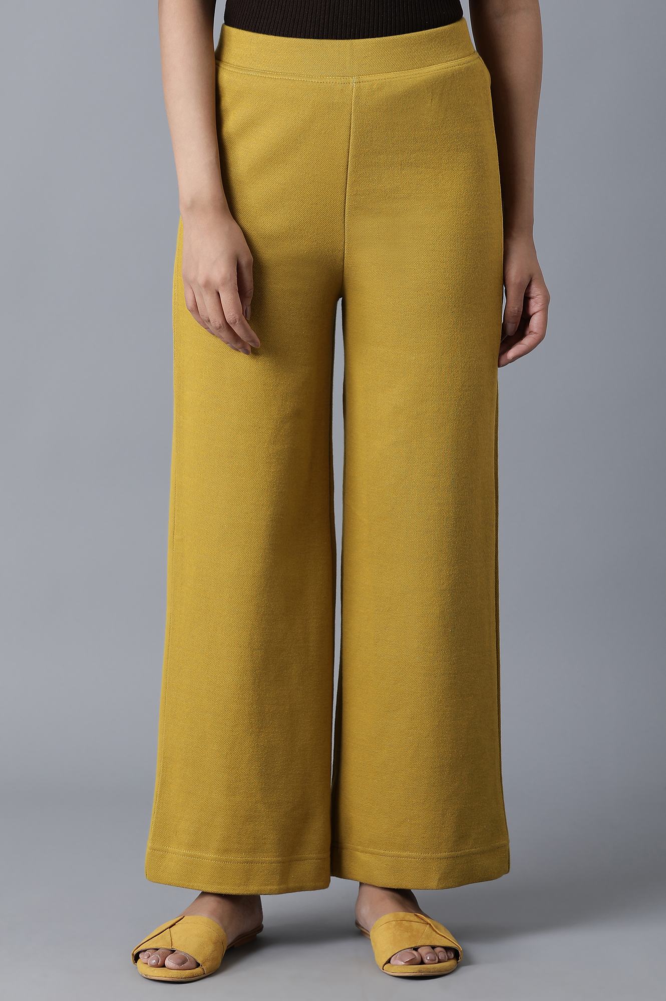 Mustard Solid Straight-fit Knit Palazzo with Elasticated Waistband
