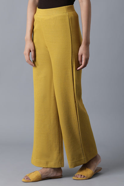 Mustard Solid Straight-fit Knit Palazzo with Elasticated Waistband