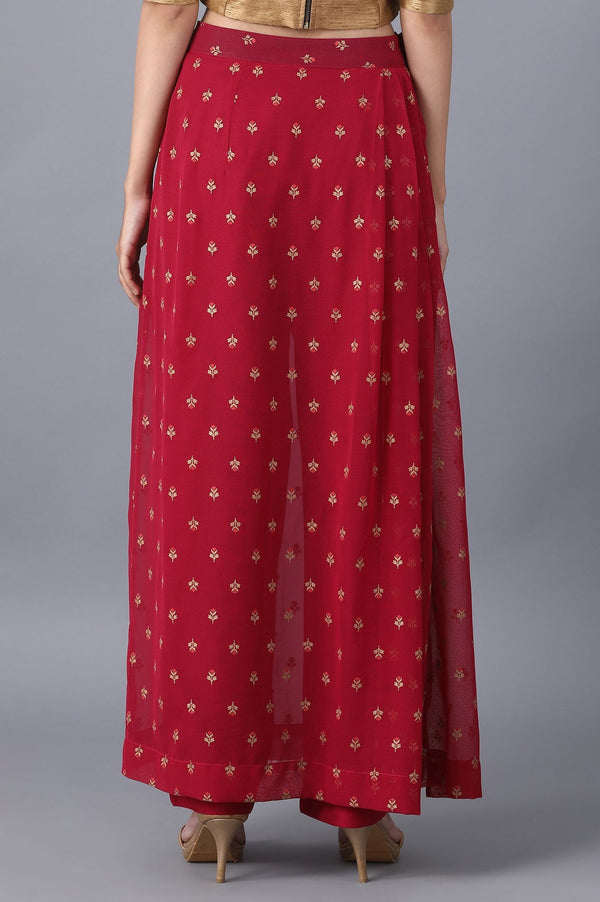 Red Floral Embroidered A-line Woven Palazzo with Side Zip