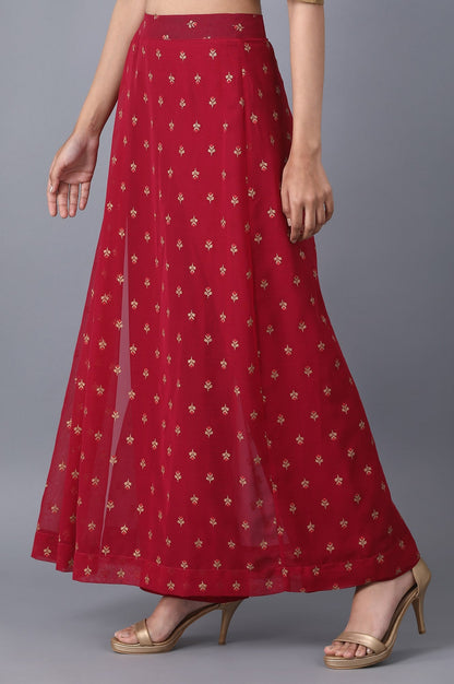 Red Floral Embroidered A-line Woven Palazzo with Side Zip