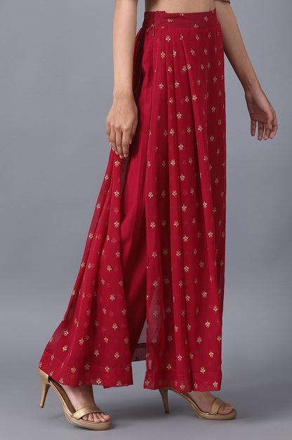 Red Floral Embroidered A-line Woven Palazzo with Side Zip