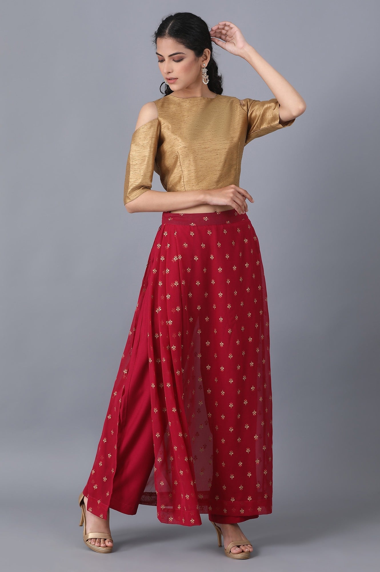 Red Floral Embroidered A-line Woven Palazzo with Side Zip