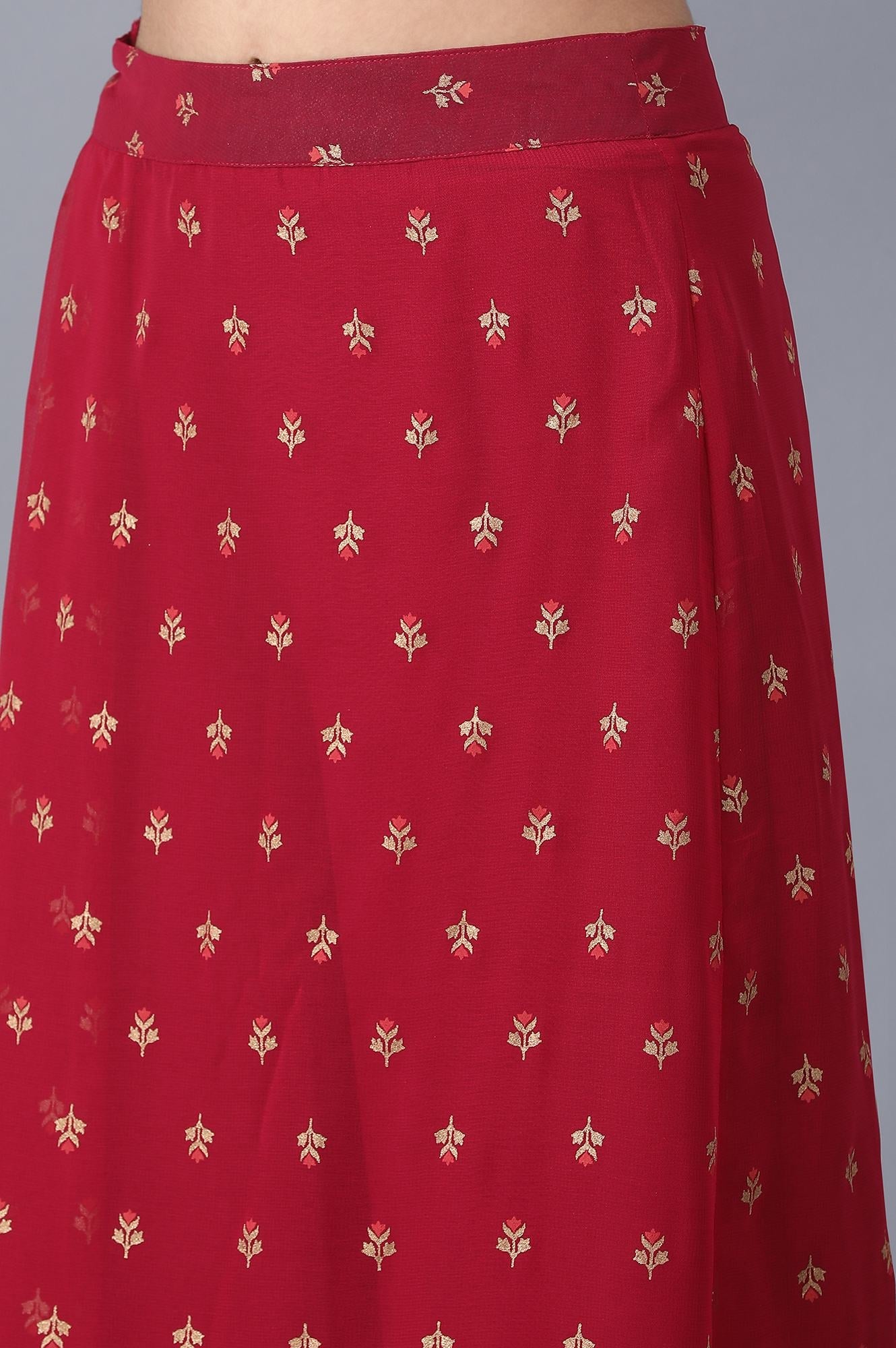 Red Floral Embroidered A-line Woven Palazzo with Side Zip