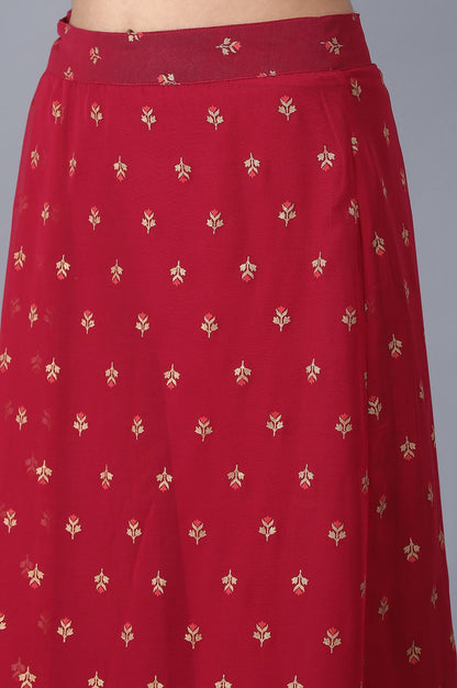 Red Floral Embroidered A-line Woven Palazzo with Side Zip