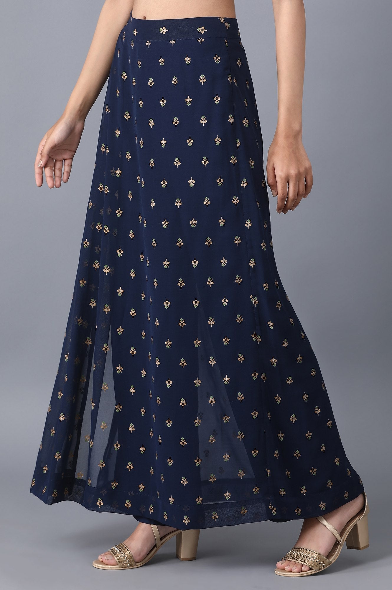 Navy Blue Floral Printed A Line Woven Palazzo With Side Zip