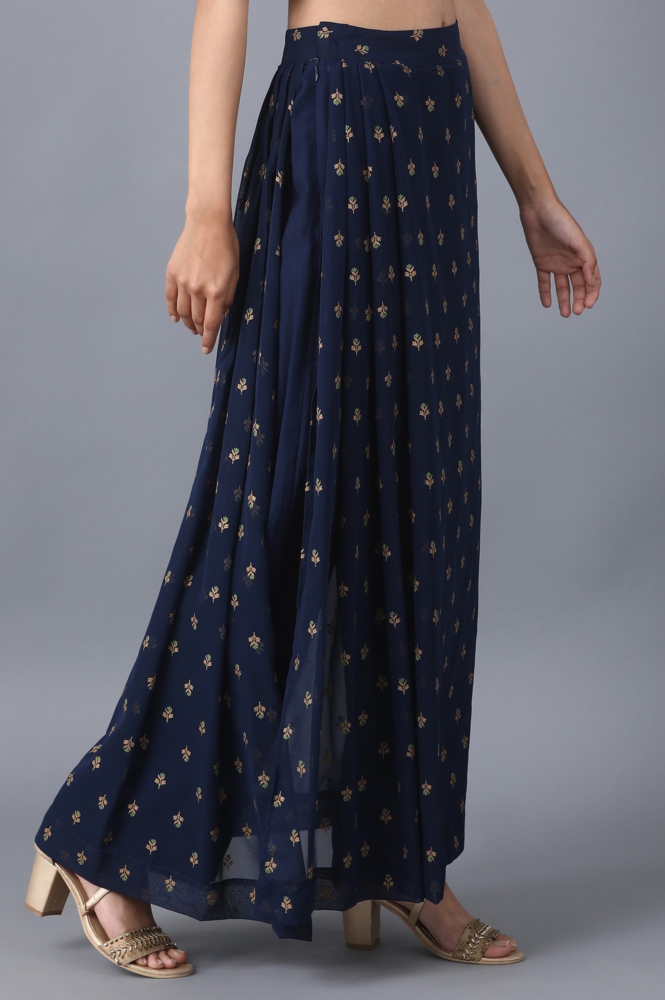 Navy Blue Floral Printed A Line Woven Palazzo With Side Zip