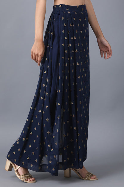 Navy Blue Floral Printed A Line Woven Palazzo With Side Zip