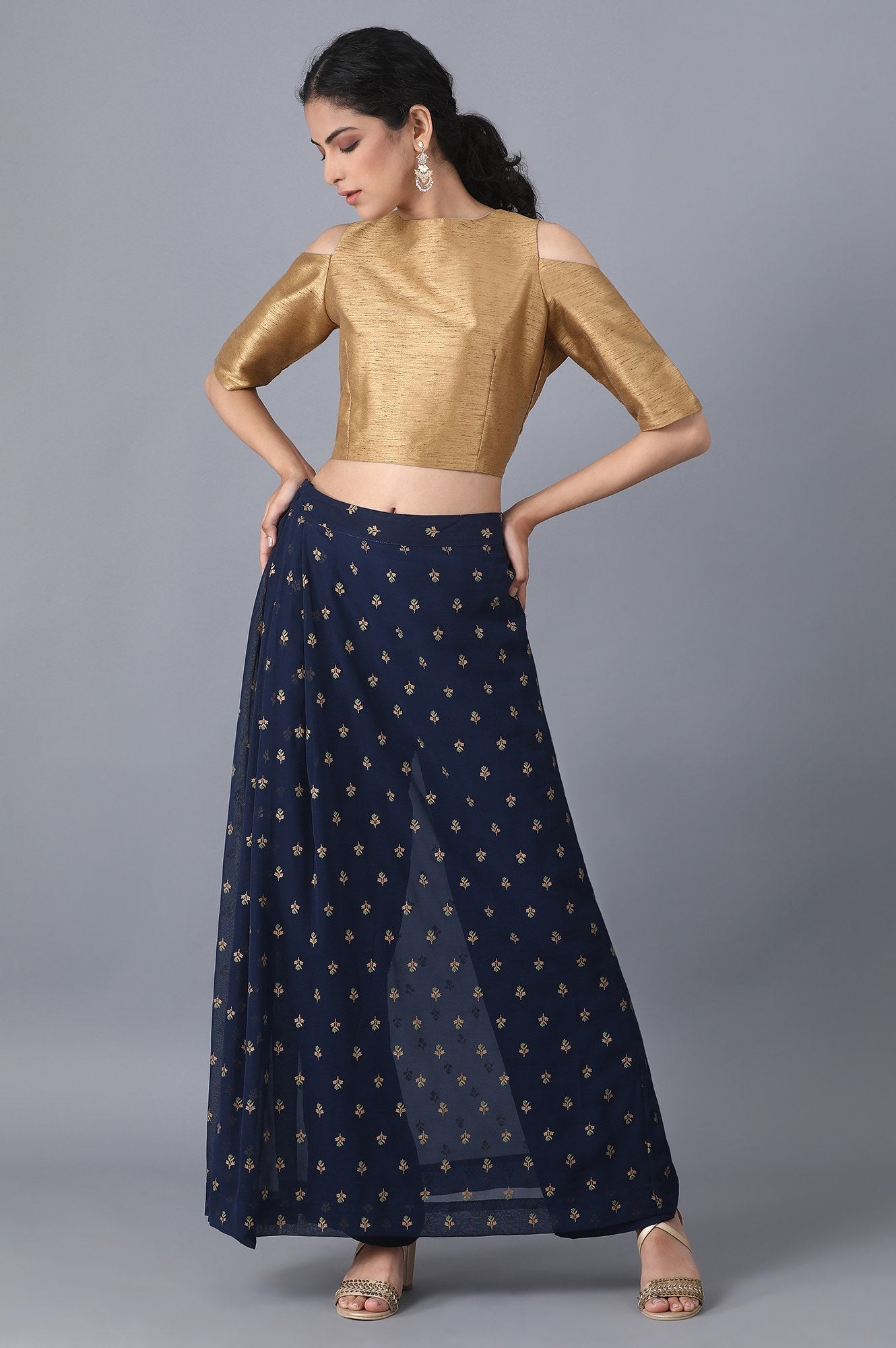 Navy Blue Floral Printed A Line Woven Palazzo With Side Zip