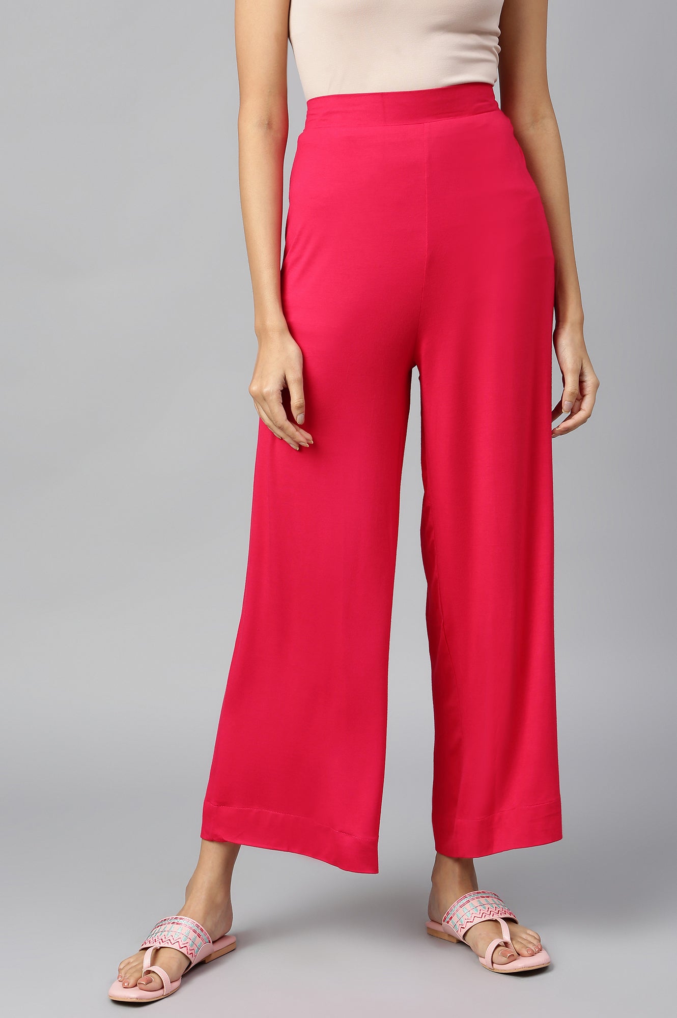 Pink Solid Flared Palazzo With Elasticated Waist