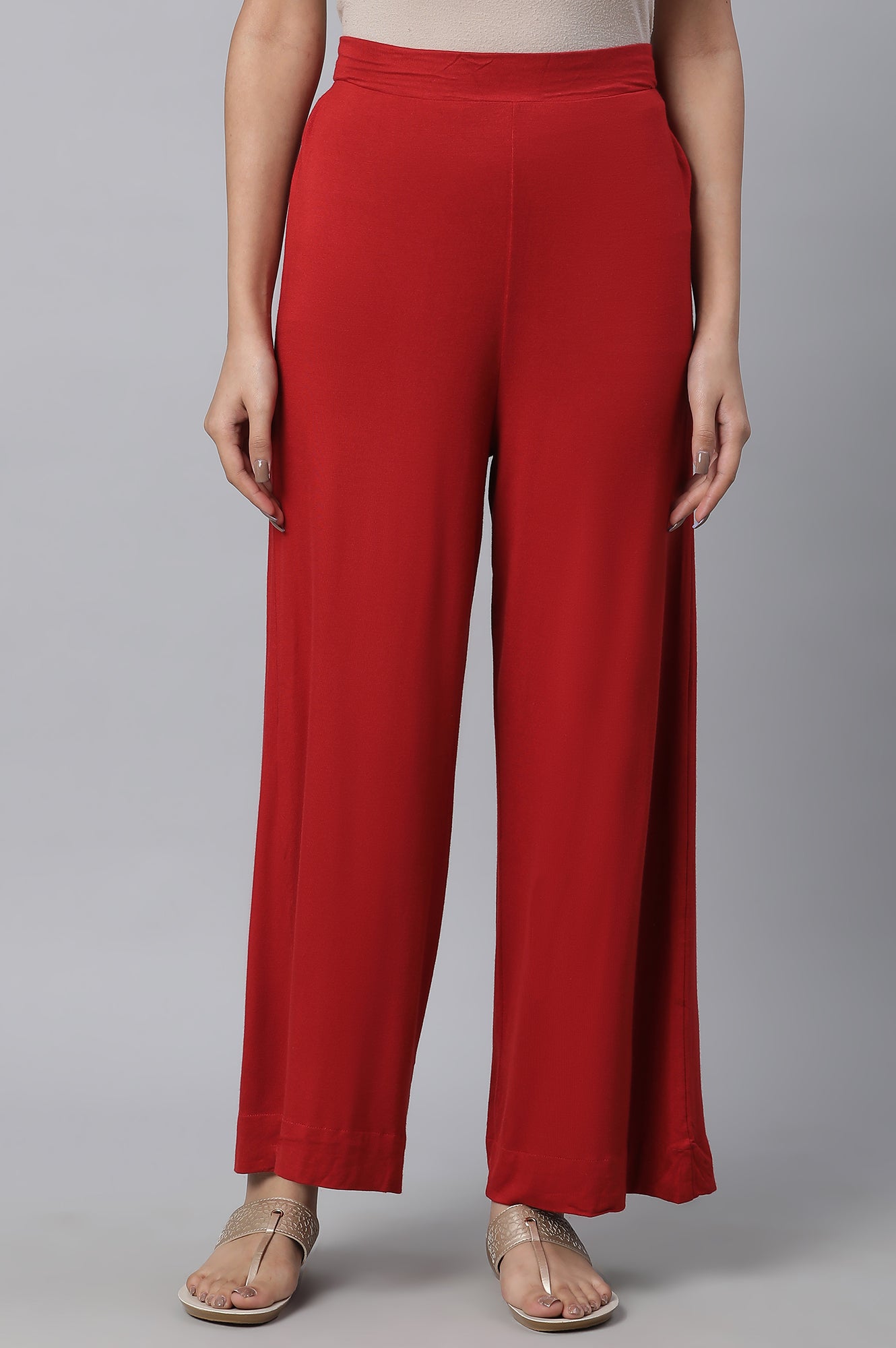 Red Solid Flared Palazzo With Elasticated Waist